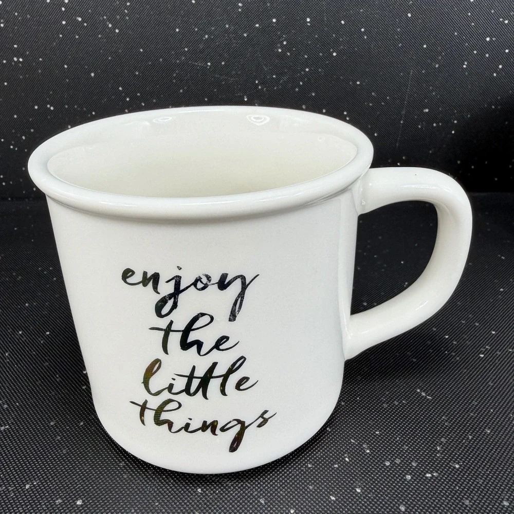Pottery Barn White Ceramic Mugs Set Warm & Cozy Enjoy The Little Things 2pc